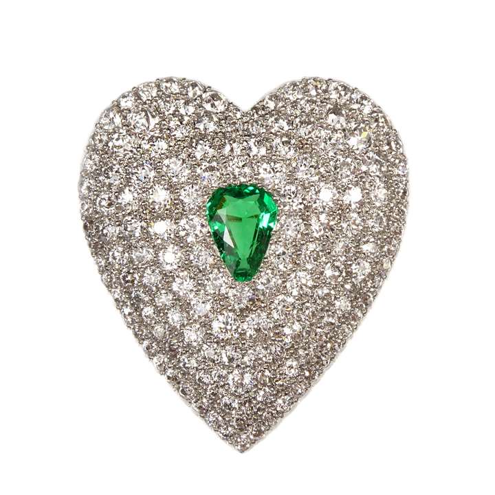 Antique diamond and emerald heart pendant-brooch